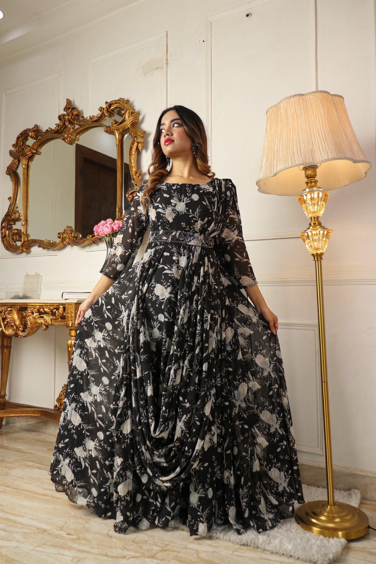 BLACK ETHNIC MOTIFS GEORGETTE MAXI DRESS