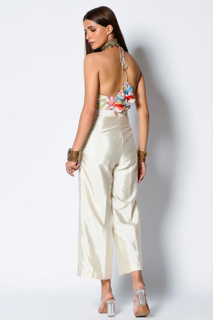 White Dupion Pant Set With Cape