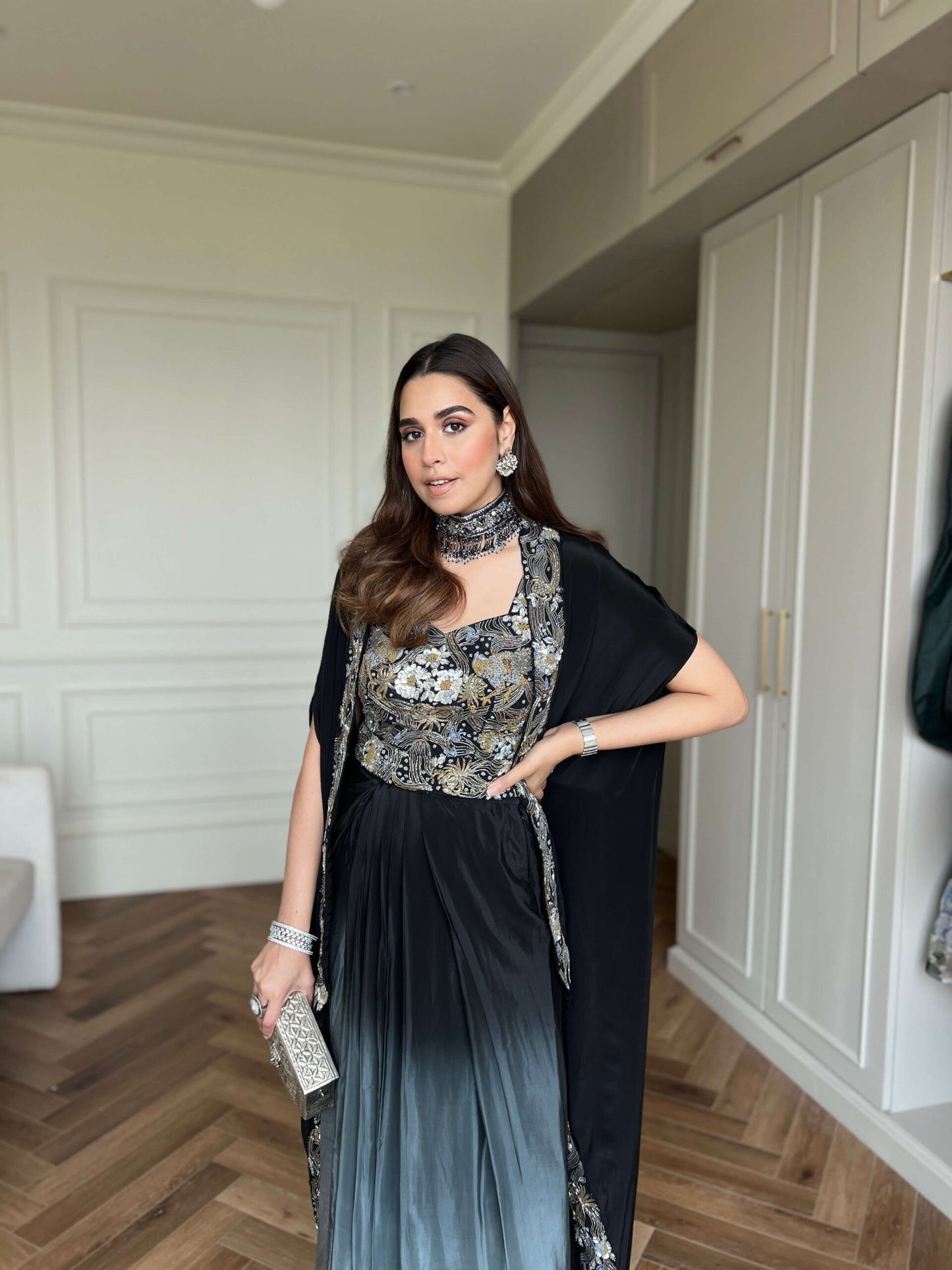 Black Ombre Draped Dhoti Skirt Set