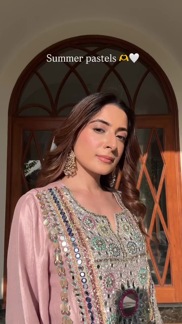 Rose Pink Mirror-Work Embellished Kurti & Pant Set – Festive Ethnic Wear