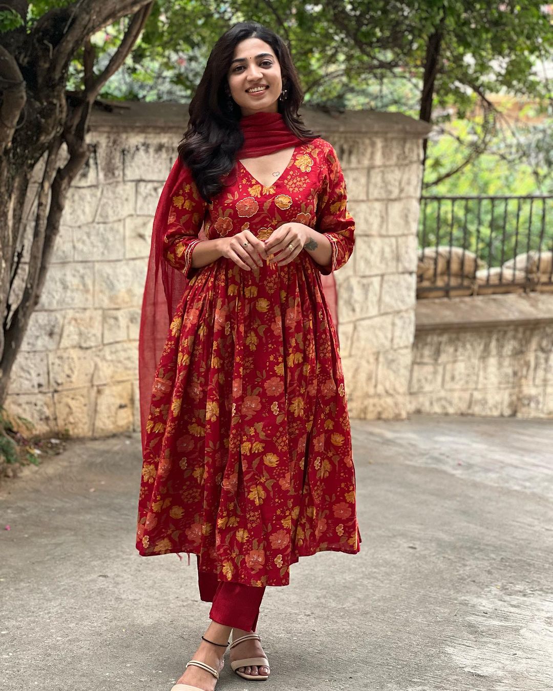 V-Neck Red Cotton Anarkali Set with Chanderi Dupatta