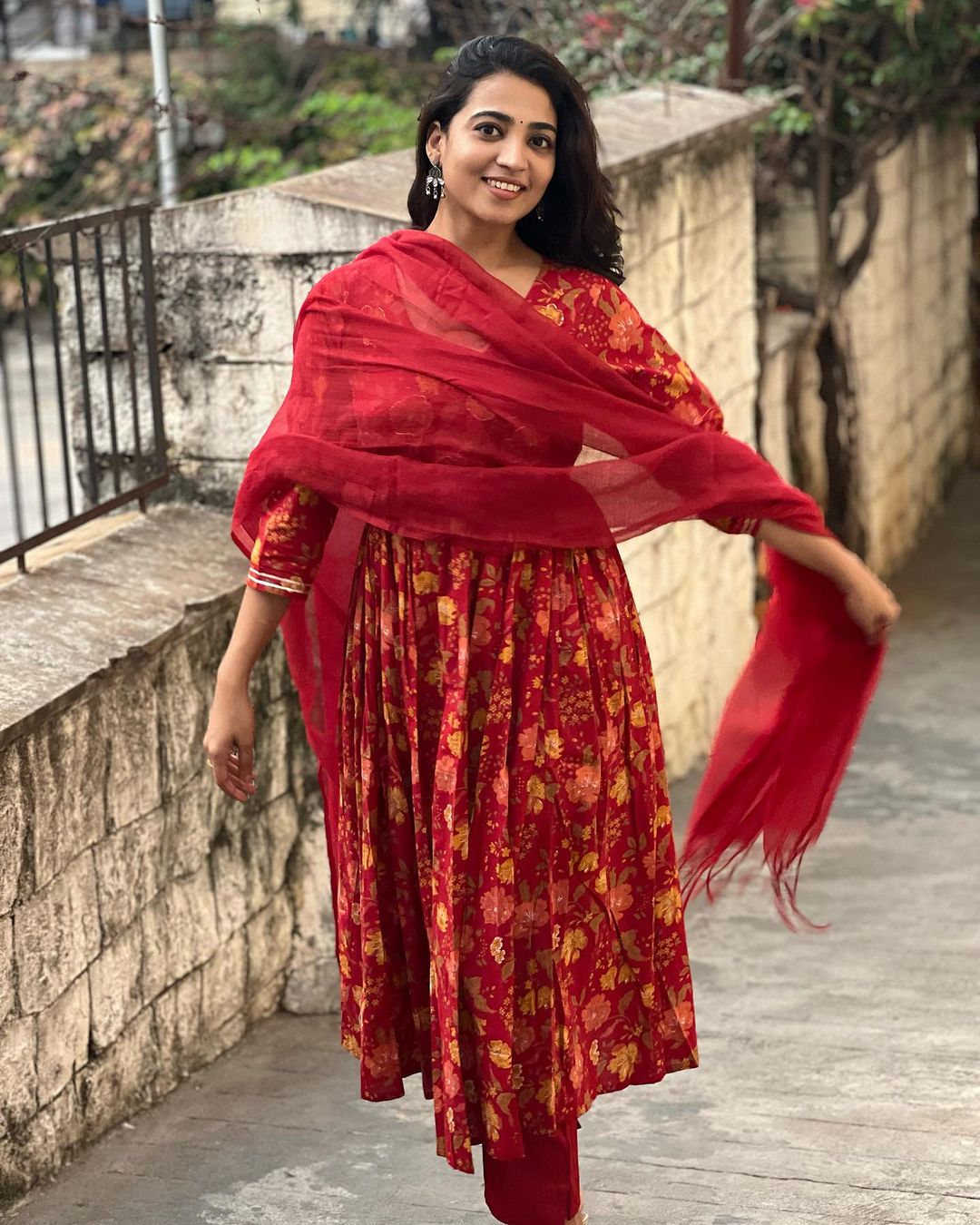 V-Neck Red Cotton Anarkali Set with Chanderi Dupatta