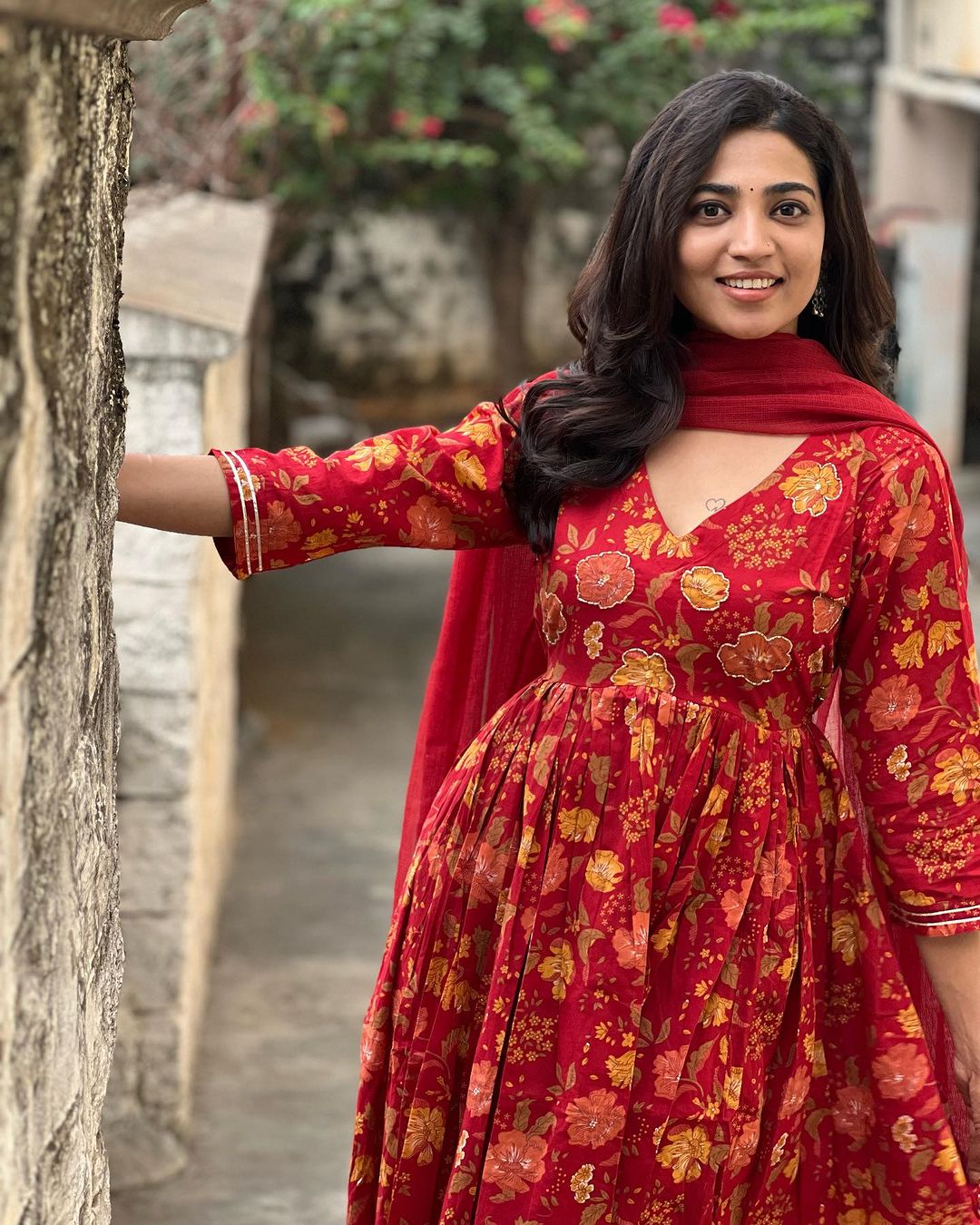 V-Neck Red Cotton Anarkali Set with Chanderi Dupatta