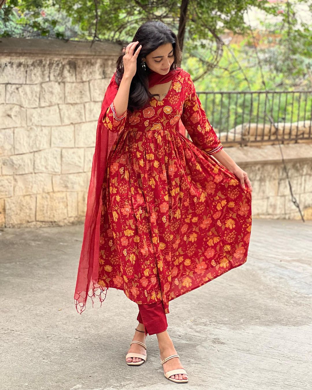 V-Neck Red Cotton Anarkali Set with Chanderi Dupatta