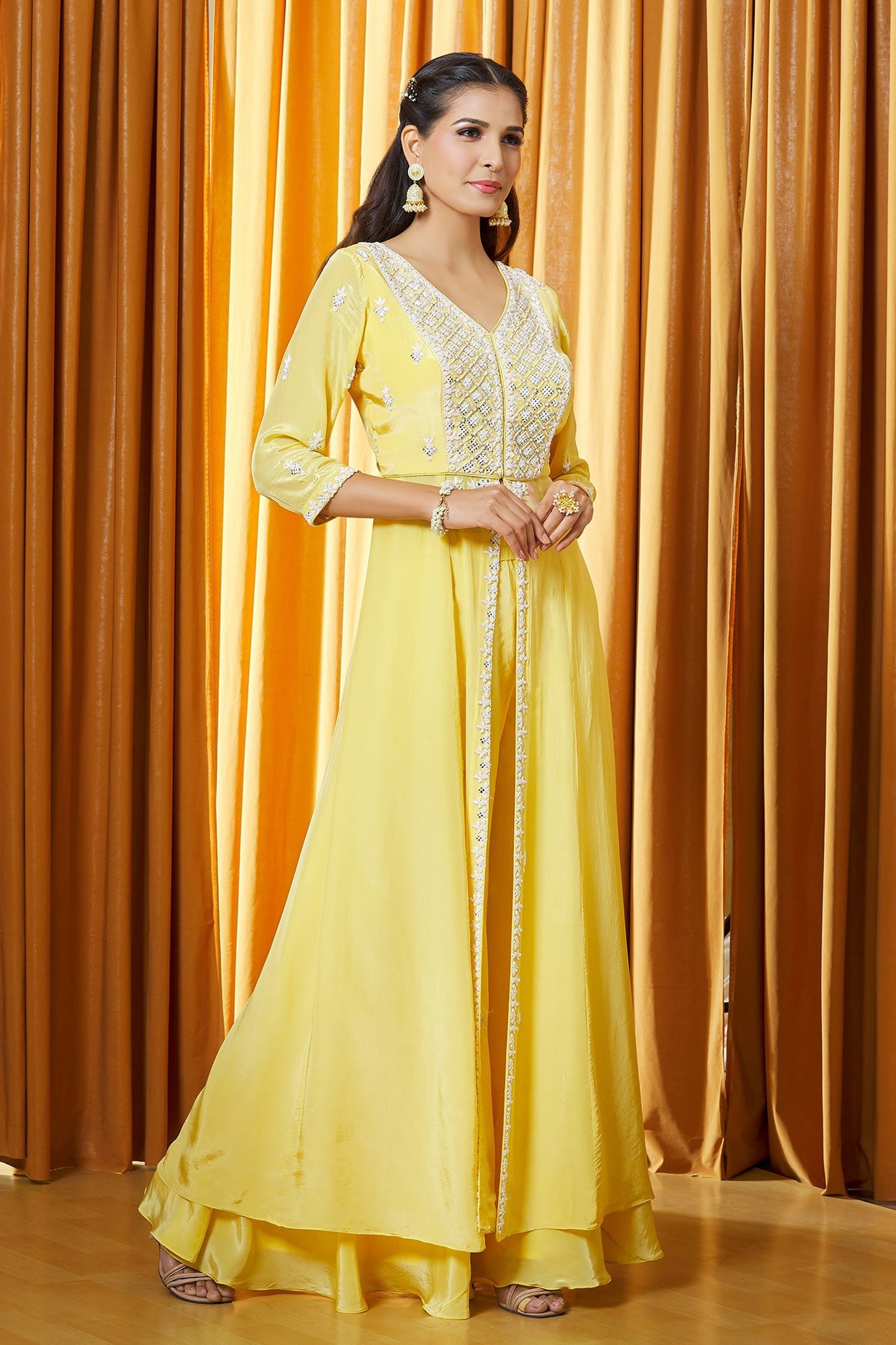 Yellow Designer Kurta And Palazzo Chinon Mirror Work Slit Set For Women