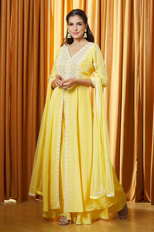 Yellow Designer Kurta And Palazzo Chinon Mirror Work Slit Set For Women