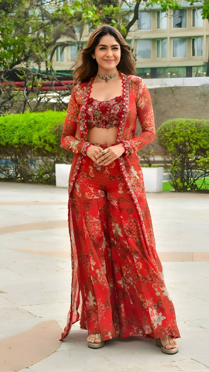 Celibrity inspired  Red Blossom Georgette Cord  set with Jacket