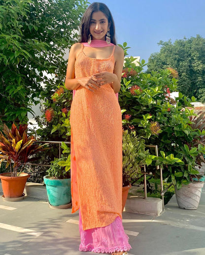 Coral Blush Strappy Kurta with Pant and Dupatta