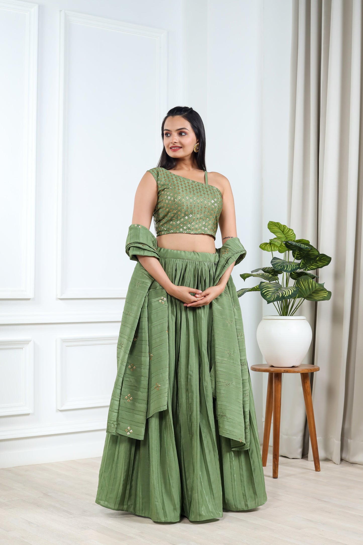 GREEN SEQUINS EMBROIDERED GEORGETTE LEHENGA CHOLI