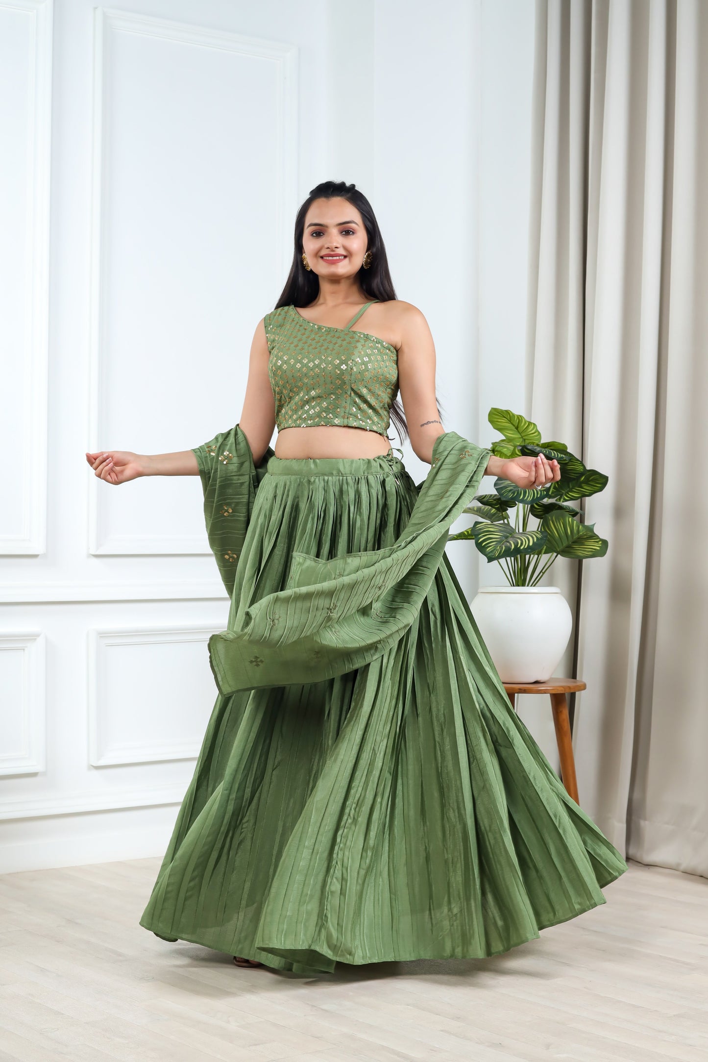 GREEN SEQUINS EMBROIDERED GEORGETTE LEHENGA CHOLI