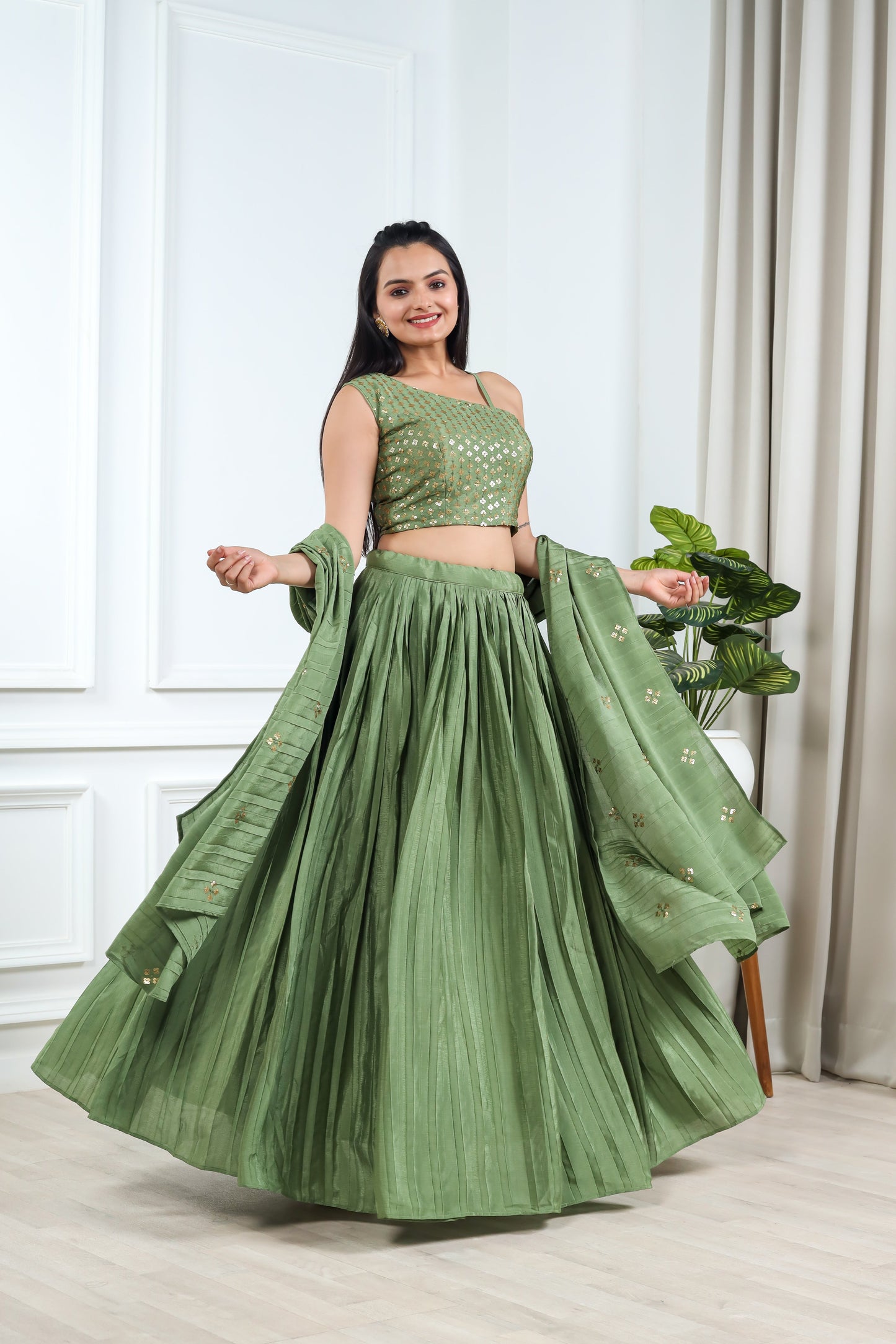 GREEN SEQUINS EMBROIDERED GEORGETTE LEHENGA CHOLI