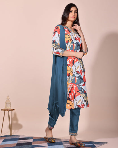 Blue floral printed kurta with pant and duptta