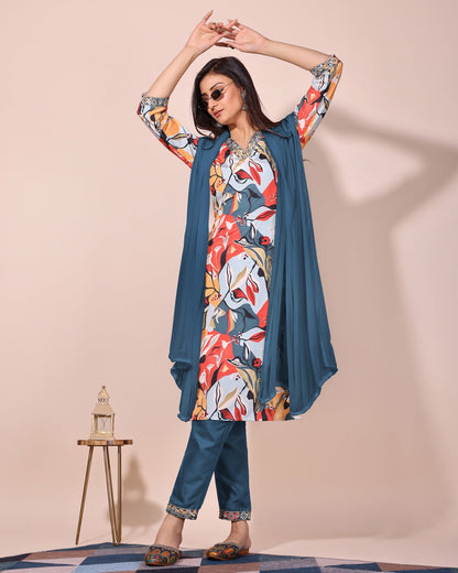 Blue floral printed kurta with pant and duptta