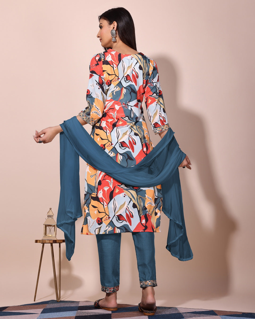 Blue floral printed kurta with pant and duptta