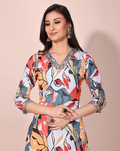 Blue floral printed kurta with pant and duptta