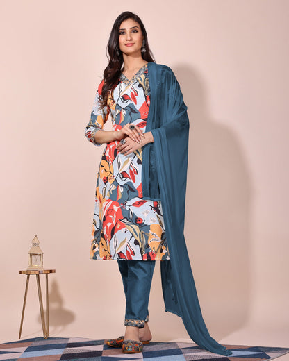 Blue floral printed kurta with pant and duptta