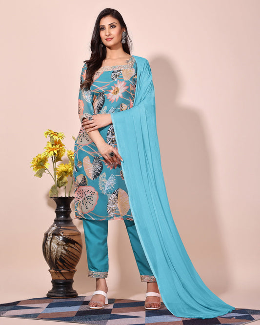 Sky blue floral printed kurta with pant duptta