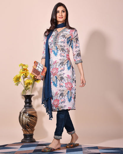 Sky blue floral printed kurta with pant duptta