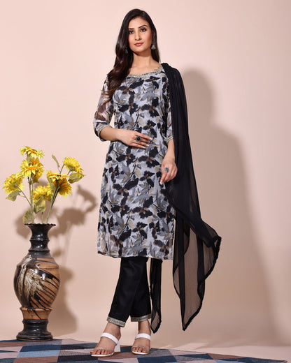 Black orgenza Floral print kurta with pant dupatta