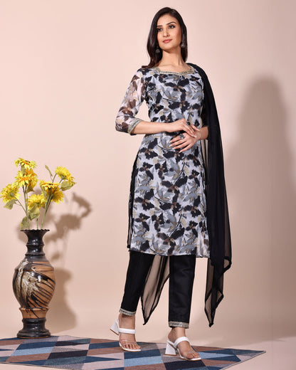 Black orgenza Floral print kurta with pant dupatta