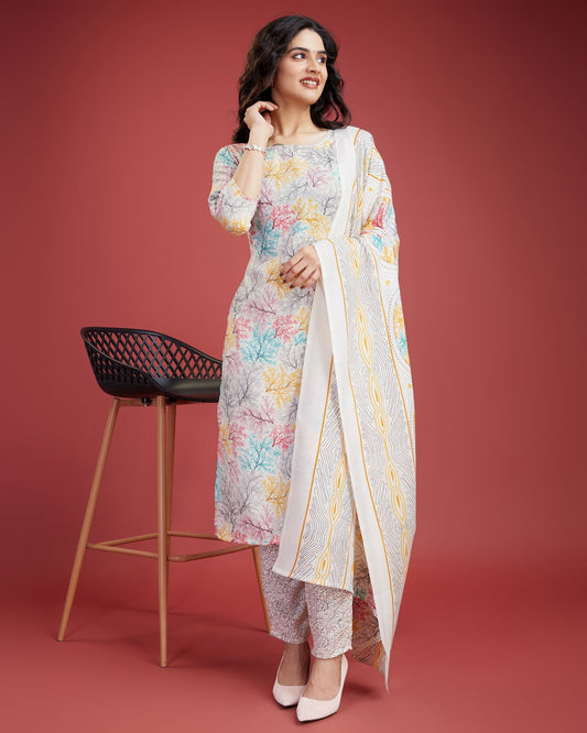 Whit Printed Straight Kurta With Pant & Dupatta