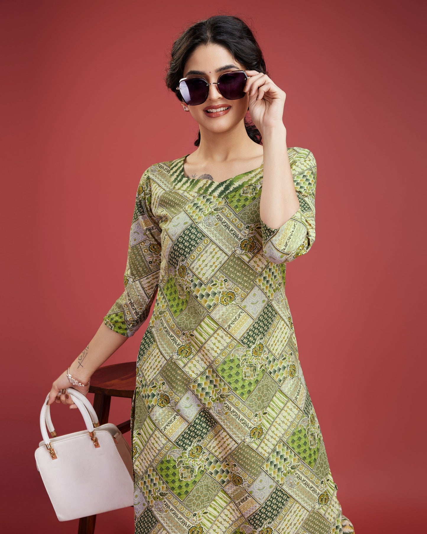 Green printed kurta three piece set