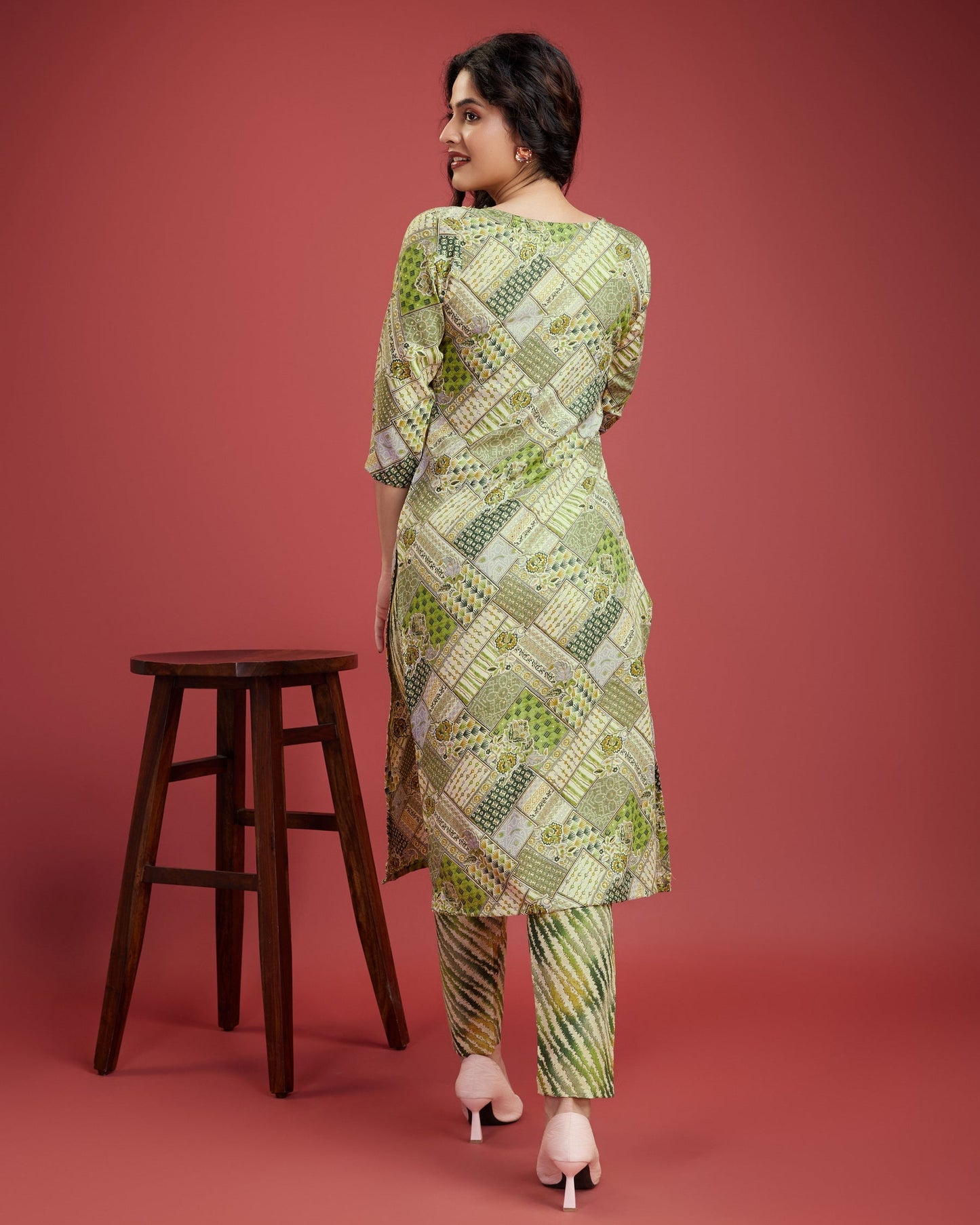 Green printed kurta three piece set