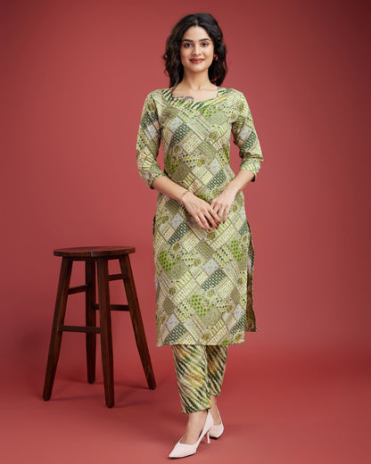 Green printed kurta three piece set