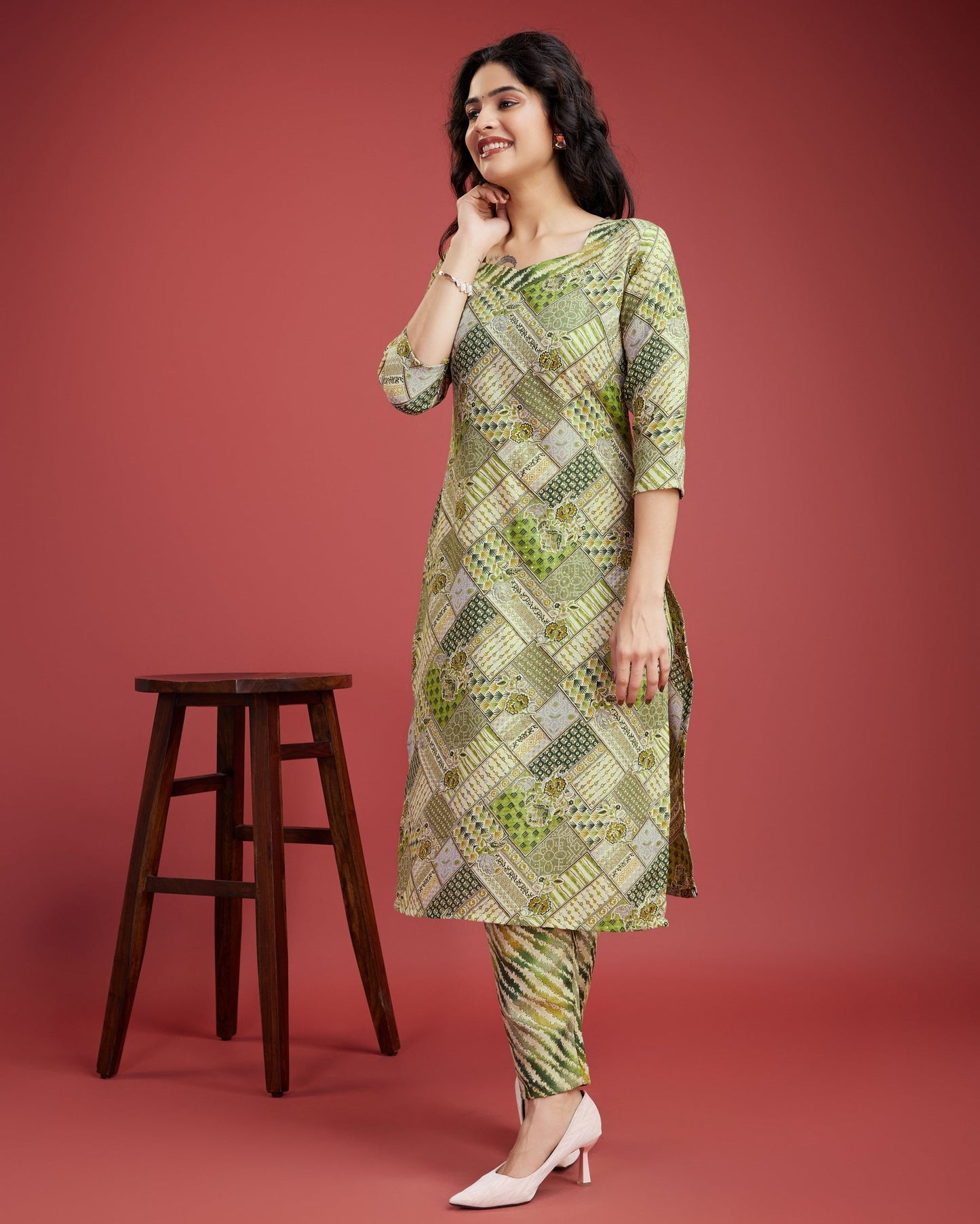 Green printed kurta three piece set