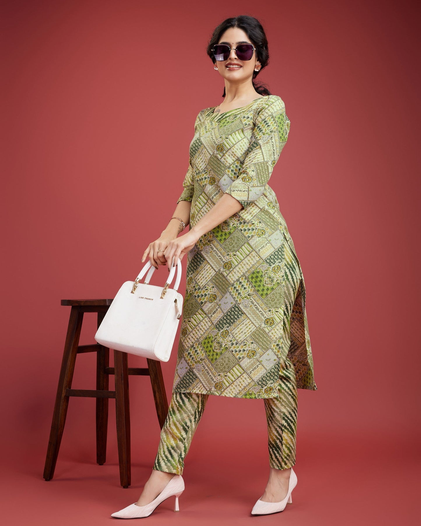 Green printed kurta three piece set