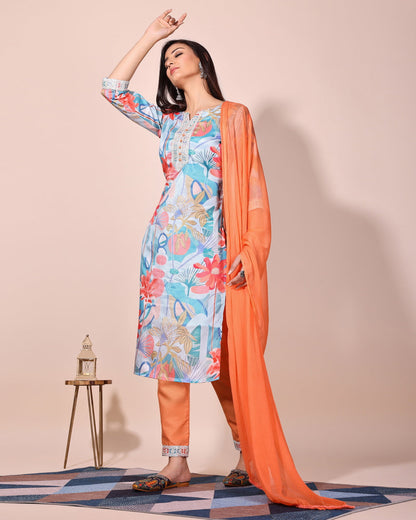 Multicolour Floral digital print Kurta Pant Set With Dupatta