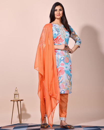 Multicolour Floral digital print Kurta Pant Set With Dupatta