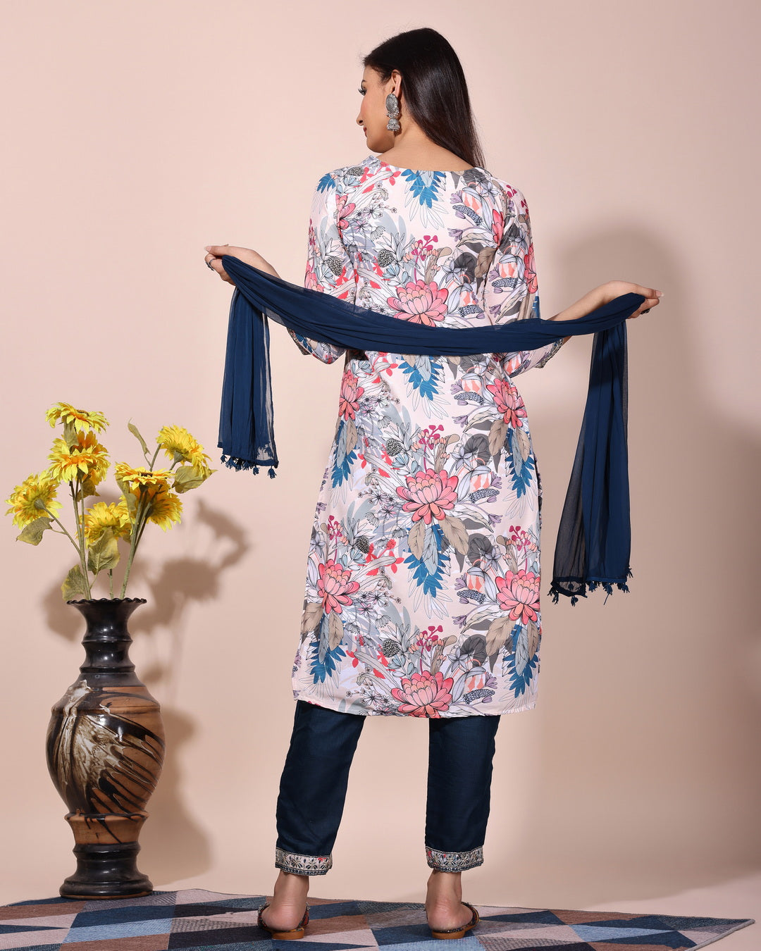 Sky blue floral printed kurta with pant duptta