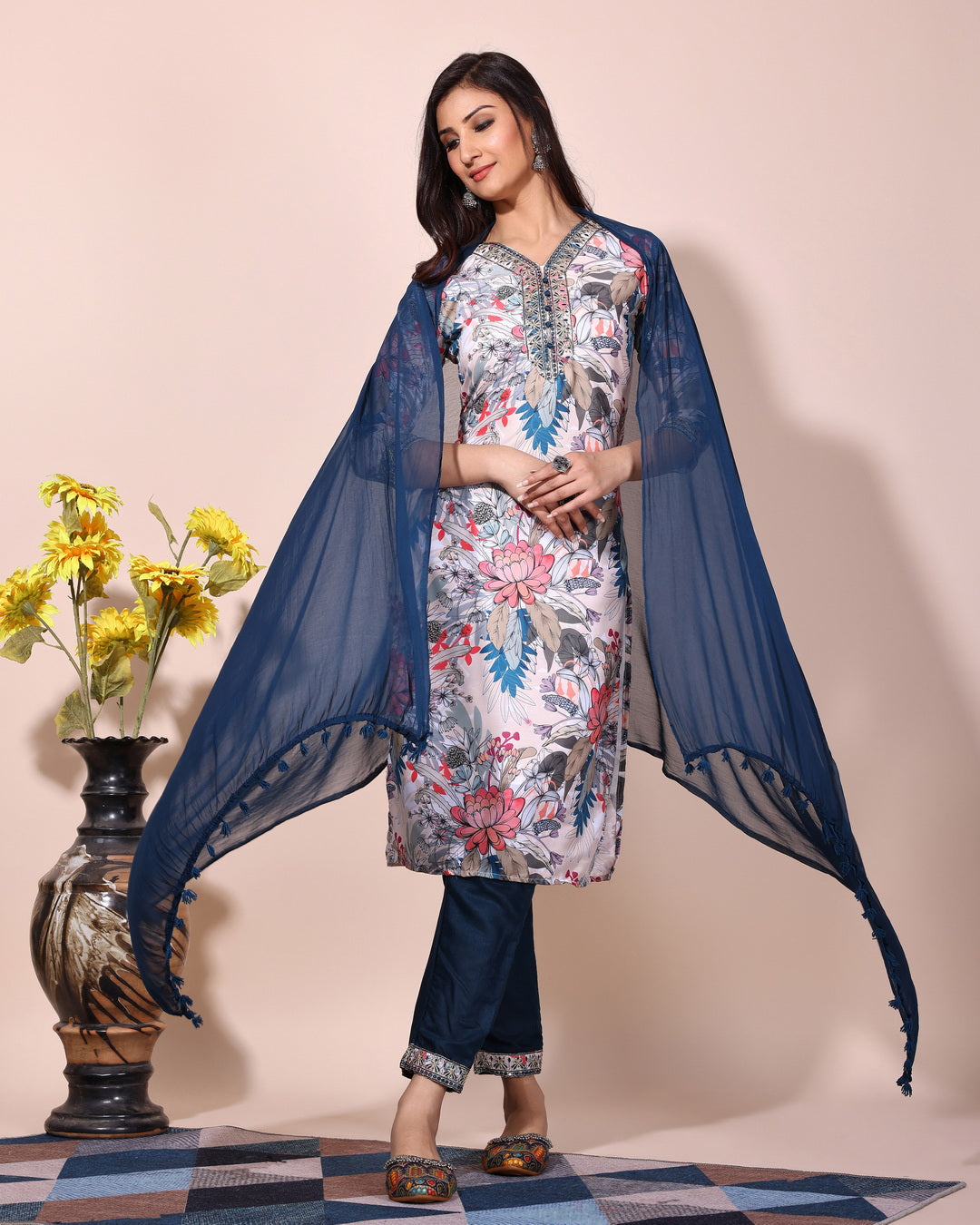 Sky blue floral printed kurta with pant duptta