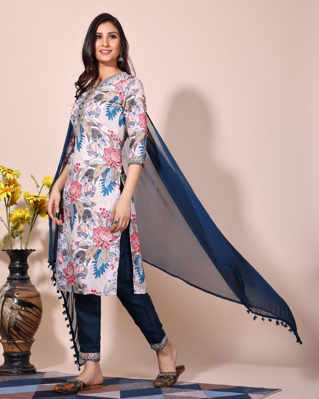 Sky blue floral printed kurta with pant duptta