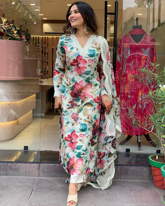 V-Neck Floral Printed kurta Set & Dupatta