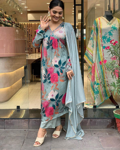 V-Neck Floral Printed kurta Set with Dupatta