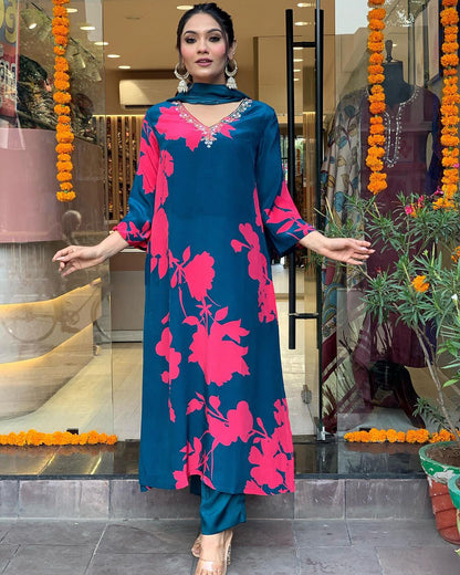 V-Neck Floral Printed kurta Set with Dupatta