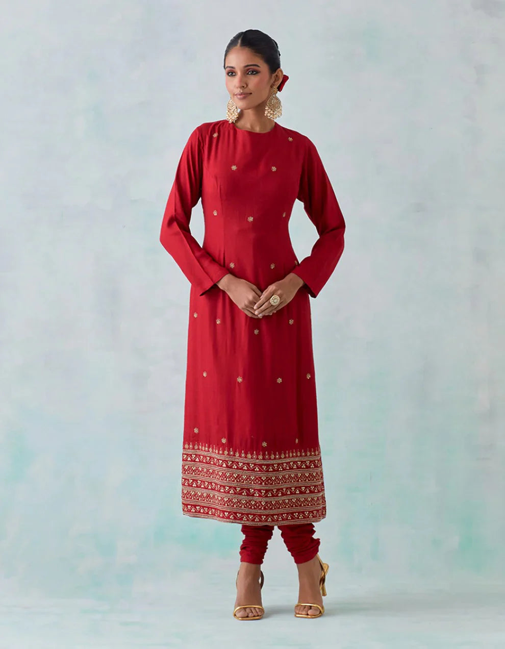 Red Cheese Chanderi Viscose Kurta With Churidar And Dupatta