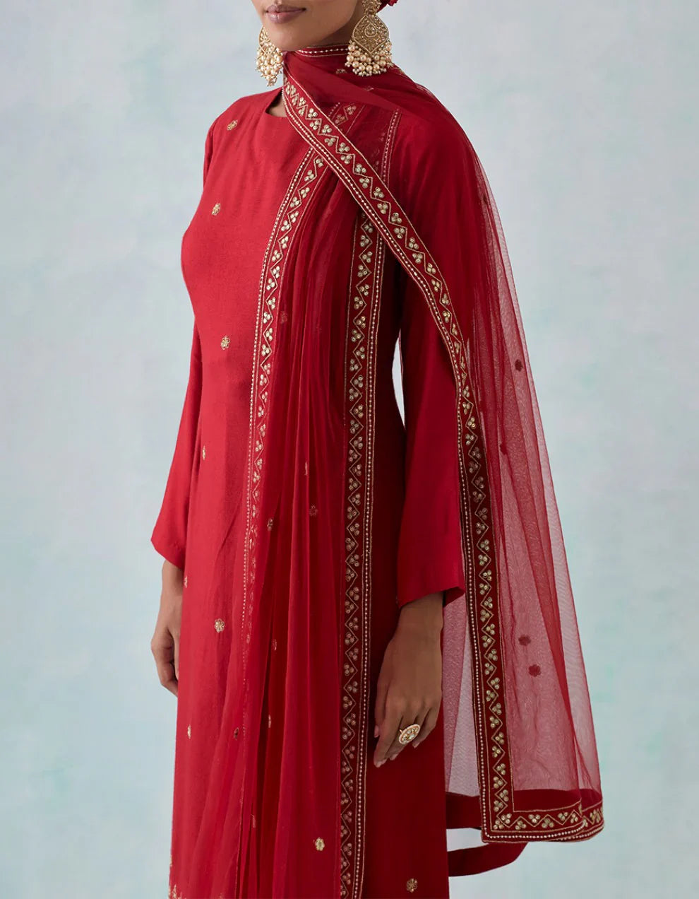 Red Cheese Chanderi Viscose Kurta With Churidar And Dupatta