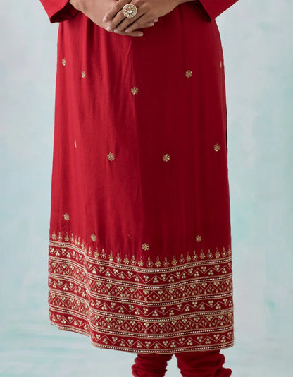 Red Cheese Chanderi Viscose Kurta With Churidar And Dupatta