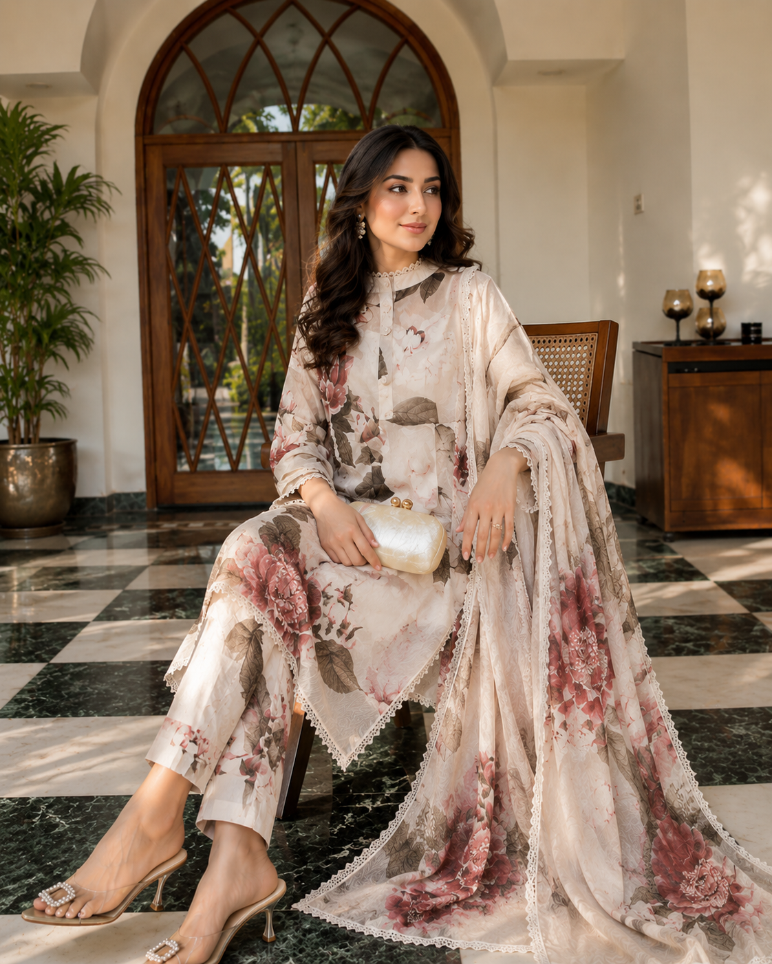 Luxury Pastel Floral Kurti Set with Dupatta