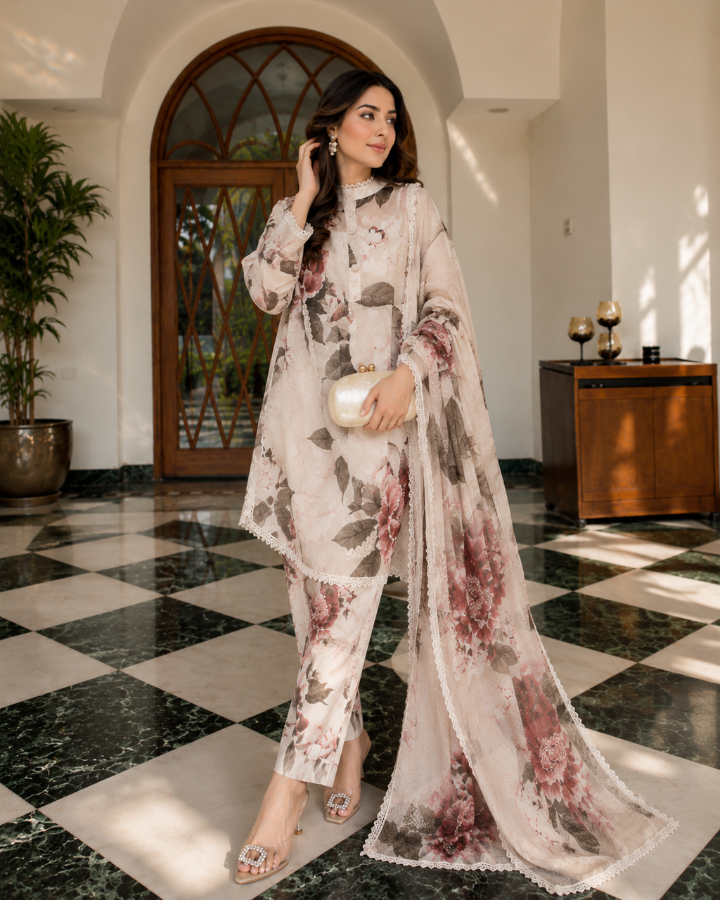 Luxury Pastel Floral Kurti Set with Dupatta