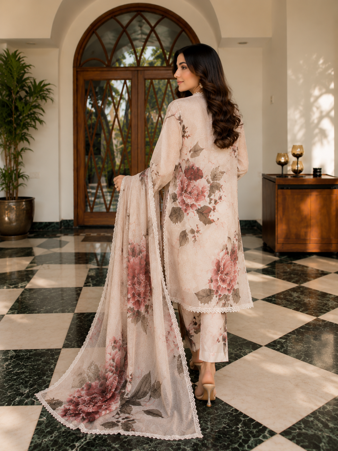 Luxury Pastel Floral Kurti Set with Dupatta