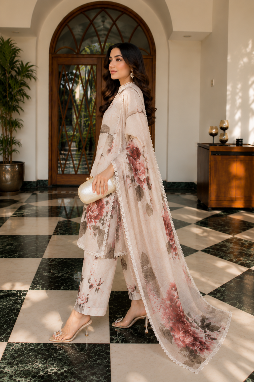 Luxury Pastel Floral Kurti Set with Dupatta