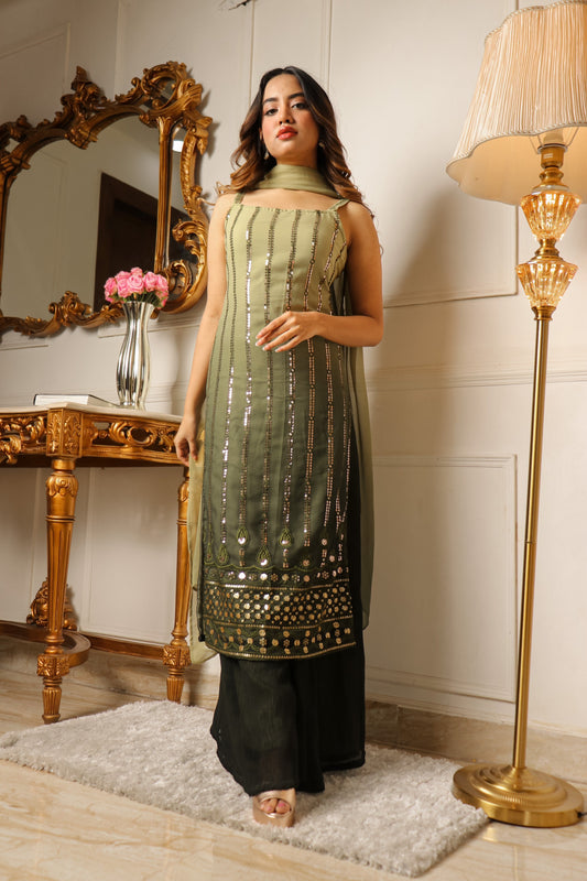 Green Sequins Embroidered Georgette Palazzo Suit