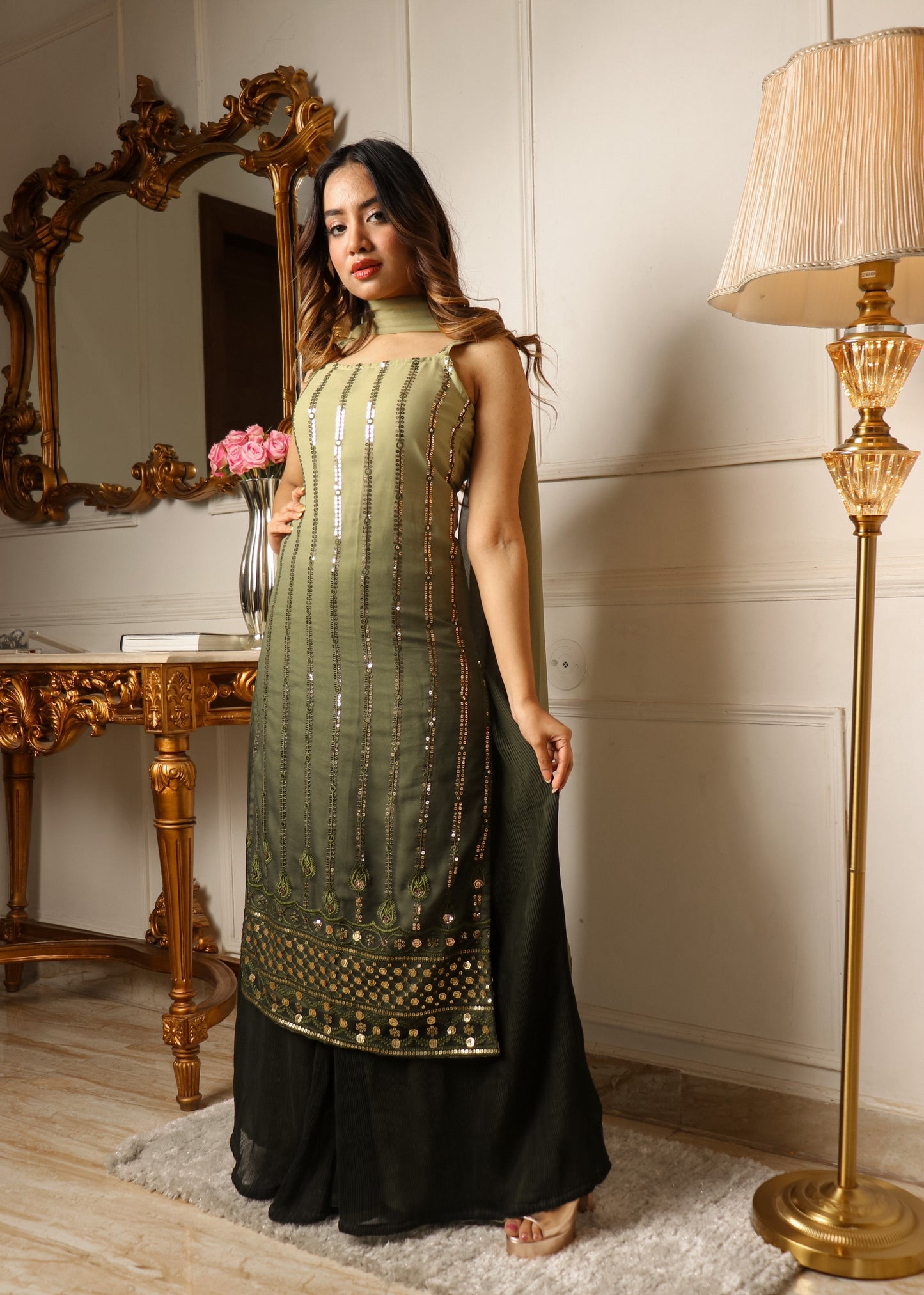 Green Sequins Embroidered Georgette Palazzo Suit