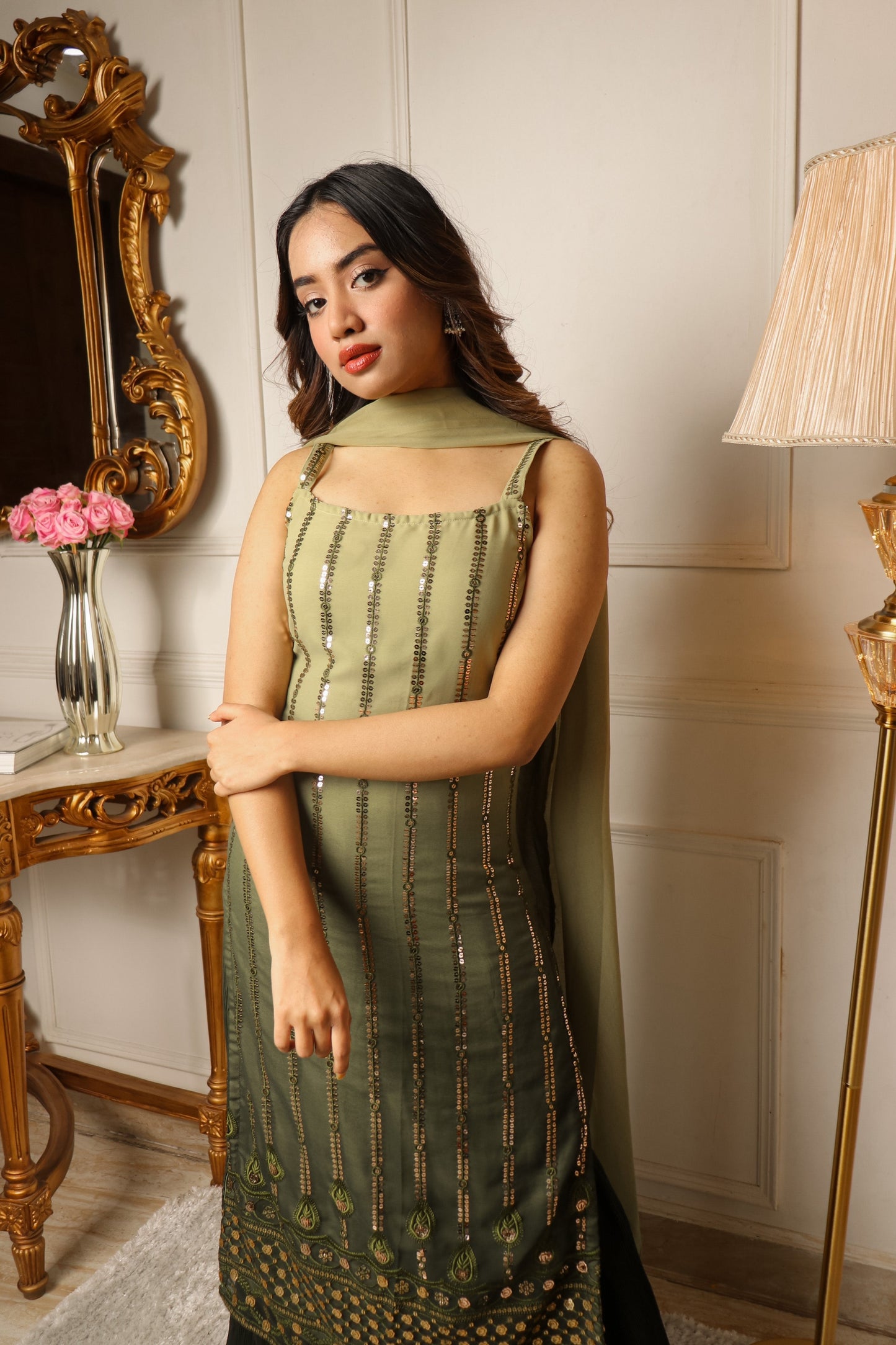 Green Sequins Embroidered Georgette Palazzo Suit