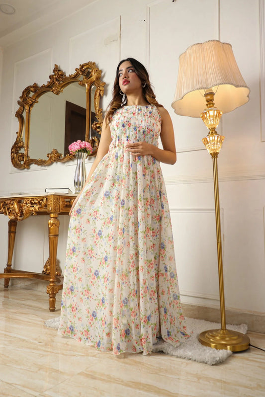 WHITE FLORAL GEORGETTE MAXI DRESS
