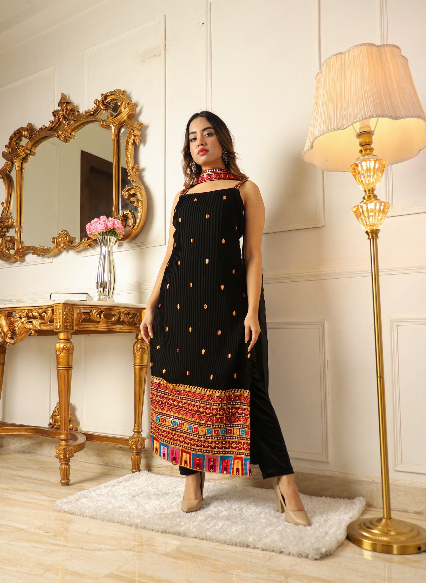 EMBELLISHED THREAD WORK KURTA WITH TROUSERS & DUPATTA SET